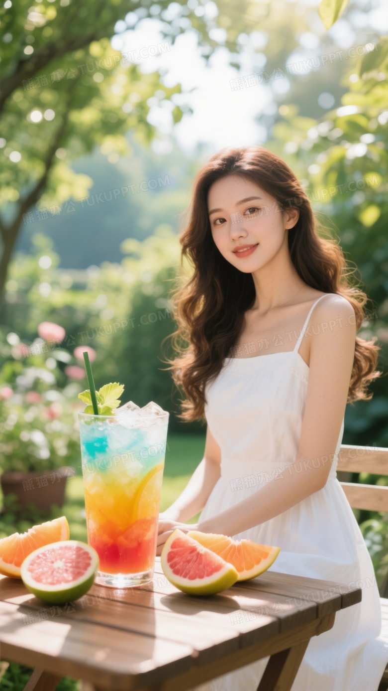 一杯色彩鲜艳的冰饮放在木质桌子上