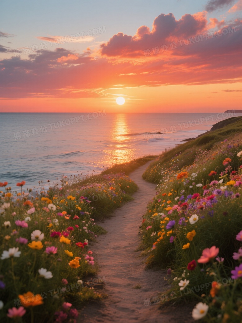 夕阳西下海天一色一条蜿蜒的小径伸向远方