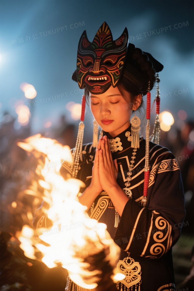 身穿彝族传统服饰的女生在火把节上祈福