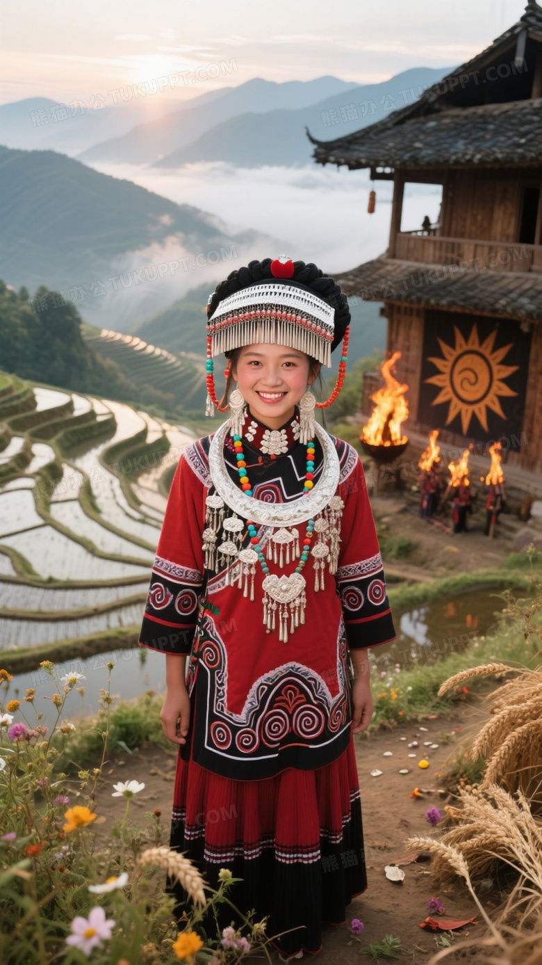 一位云南彝族少女身着红色刺绣传统服饰