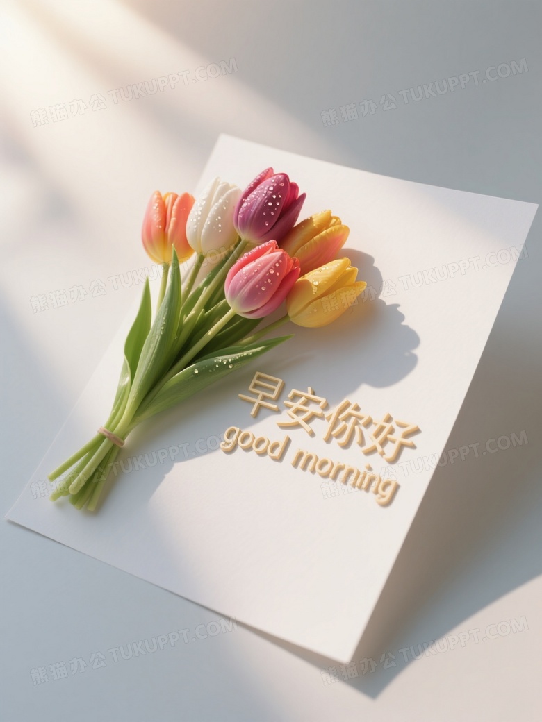 白色卡纸倾斜放置一束色彩艳丽的郁金香斜插在画面中央
