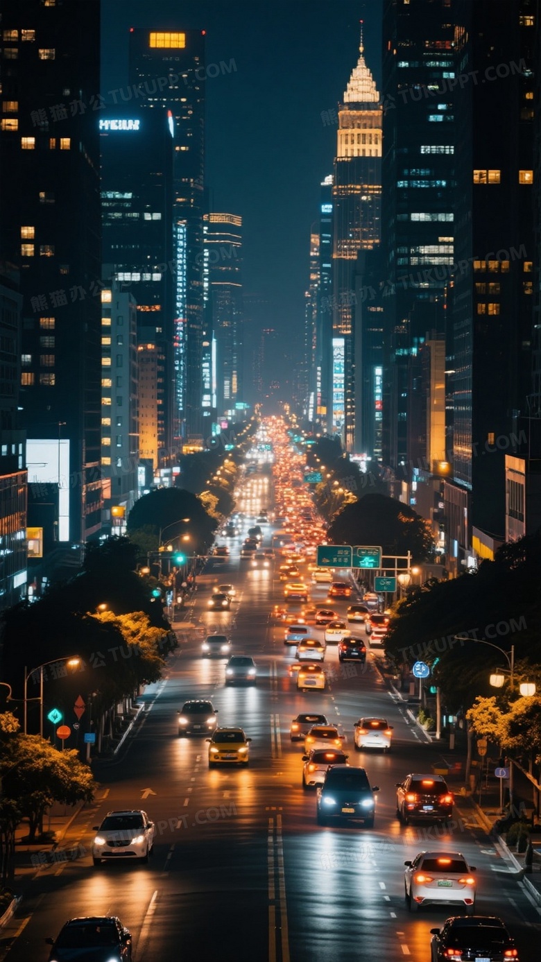 城市的夜晚灯光璀璨车来车往
