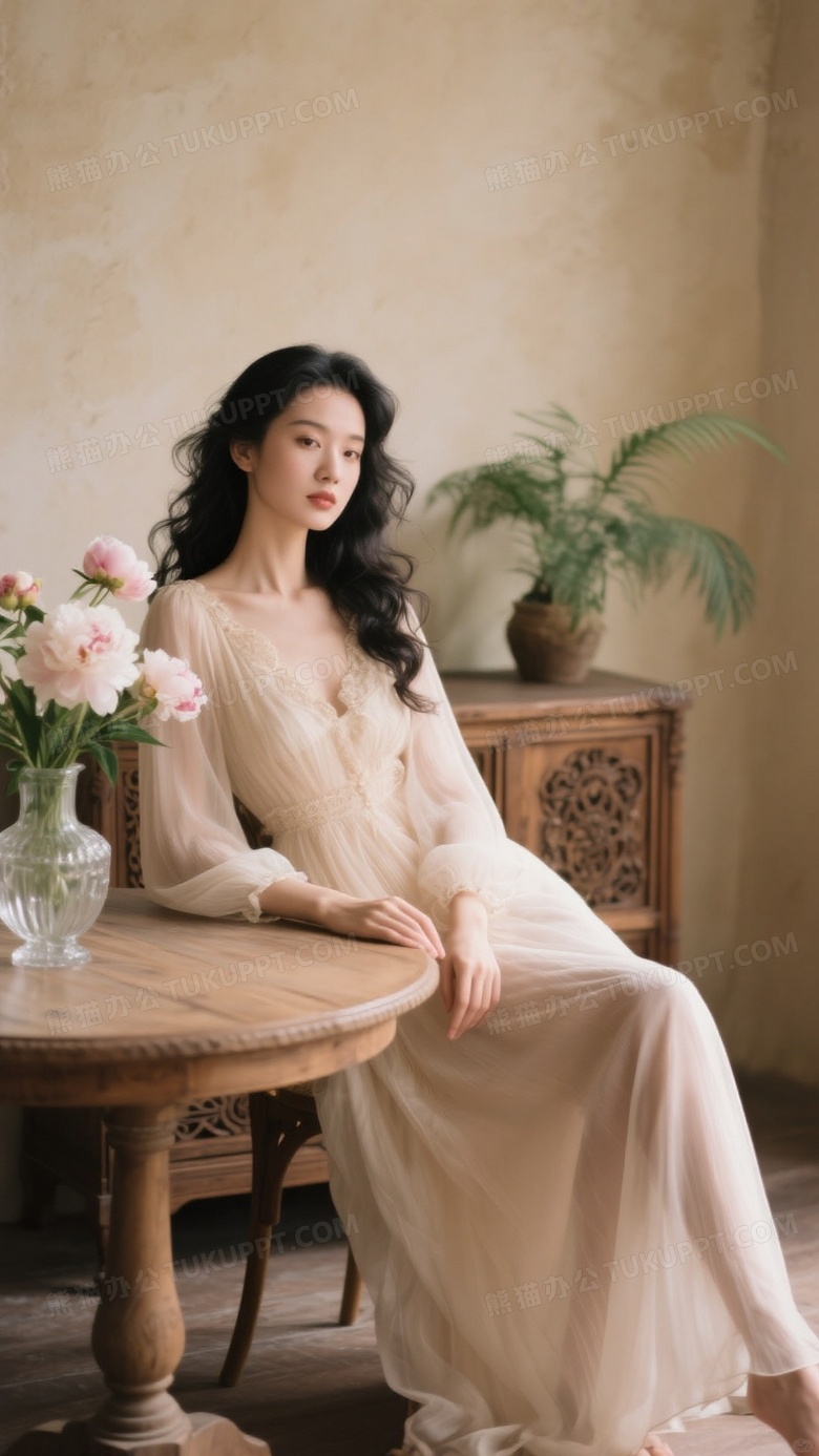 性感美貌的中国女性身穿宫廷复古雪纺连衣裙
