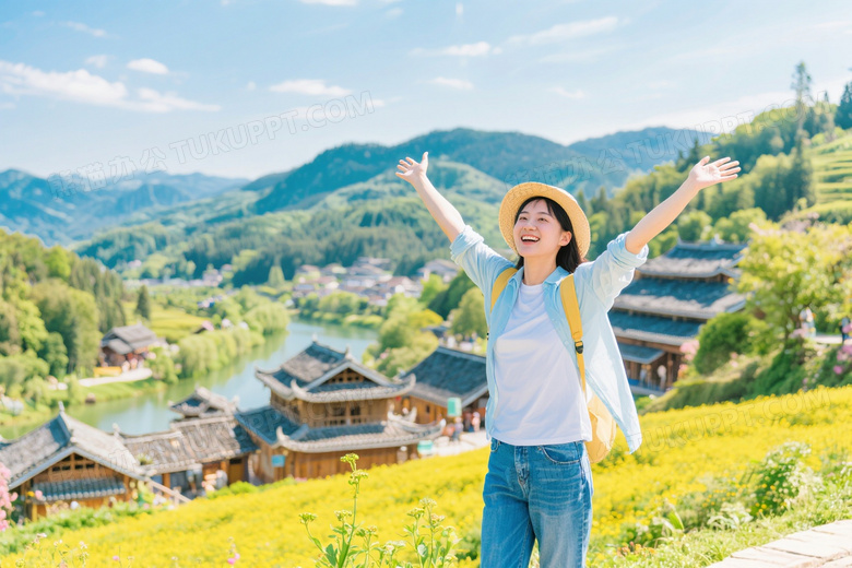 一个人在五一假期享受旅游的快乐场景