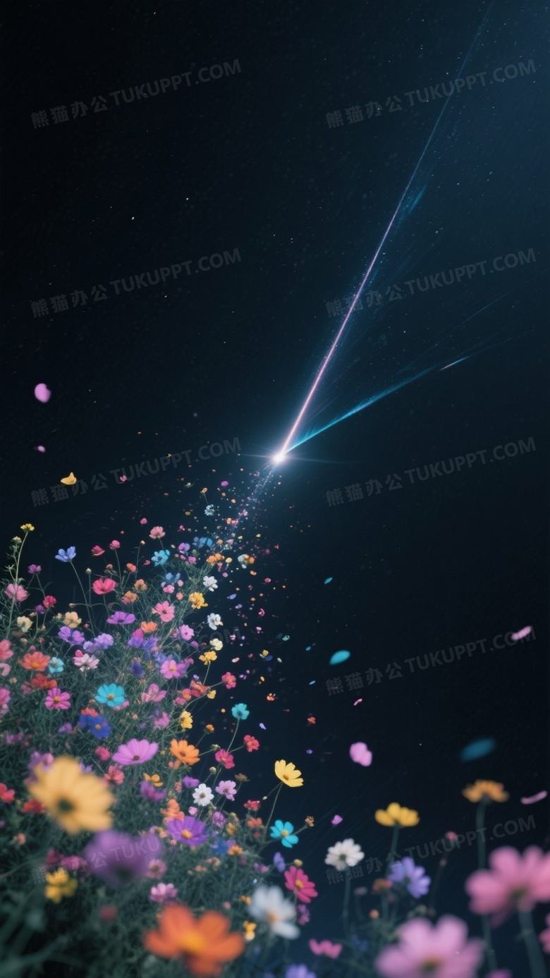 黑暗中一道流星划过隐约中有许多五颜六色的花朵的在动