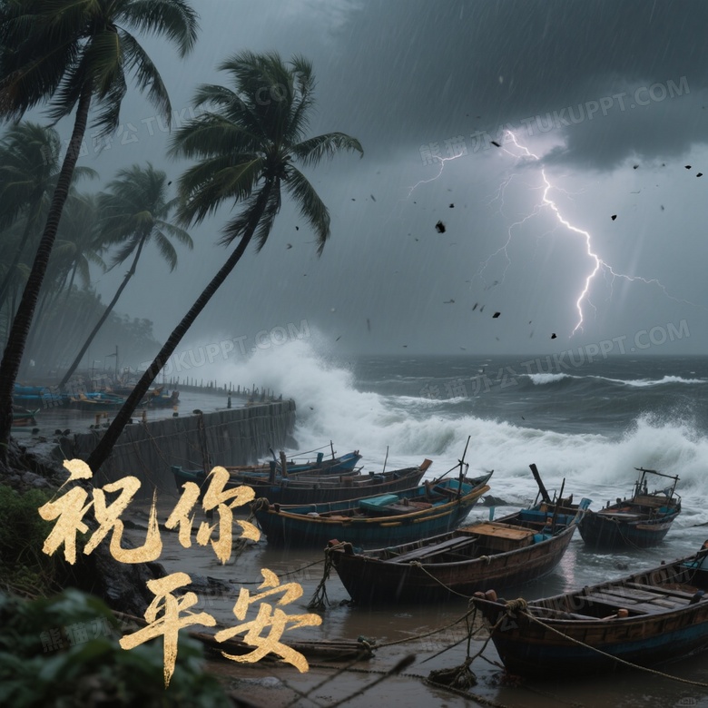台风正面登陆阴郁海边狂风暴雨肆虐