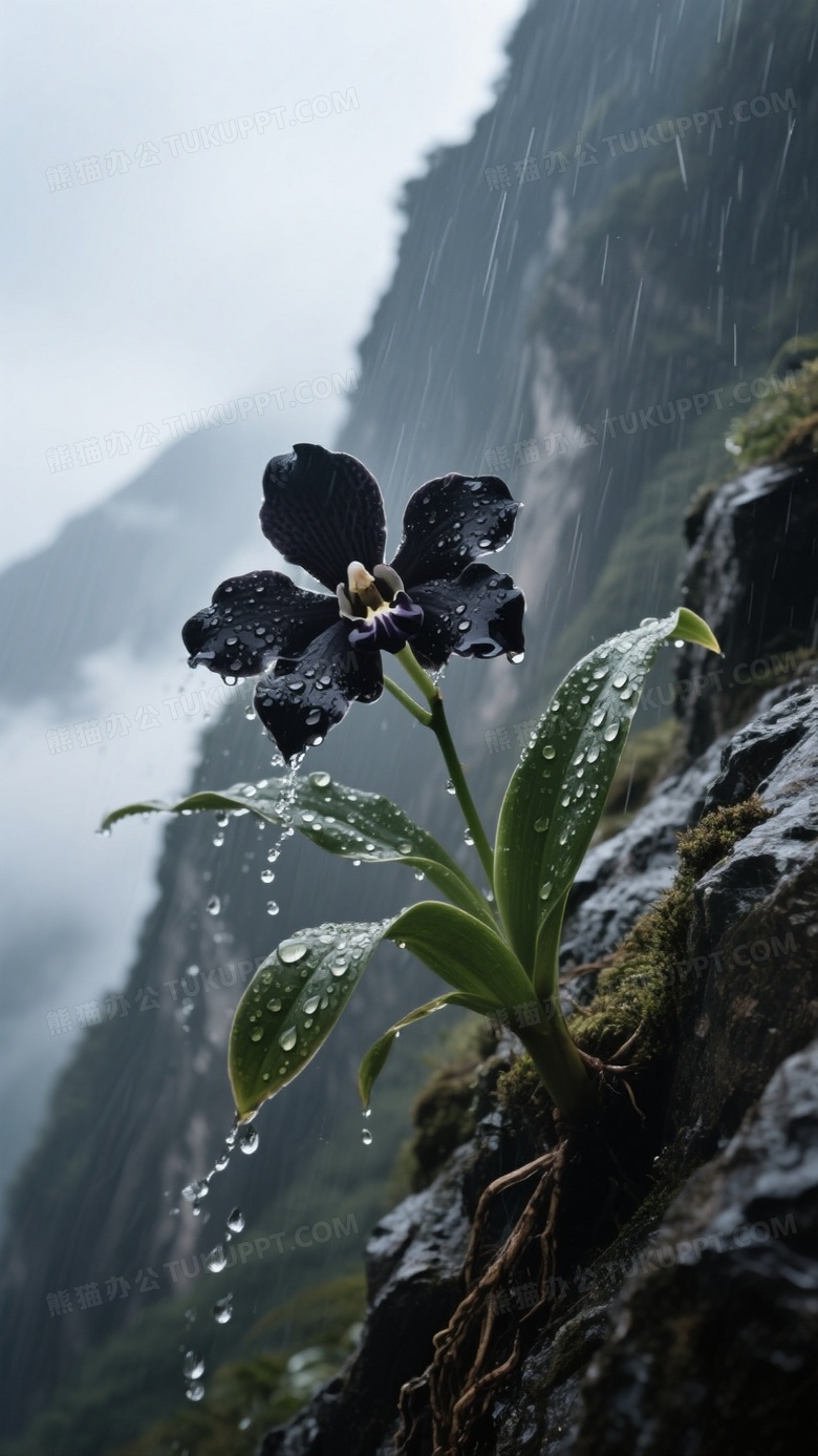 主题描述词墨兰花在暴雨中的高山峭壁旁剧烈摇曳