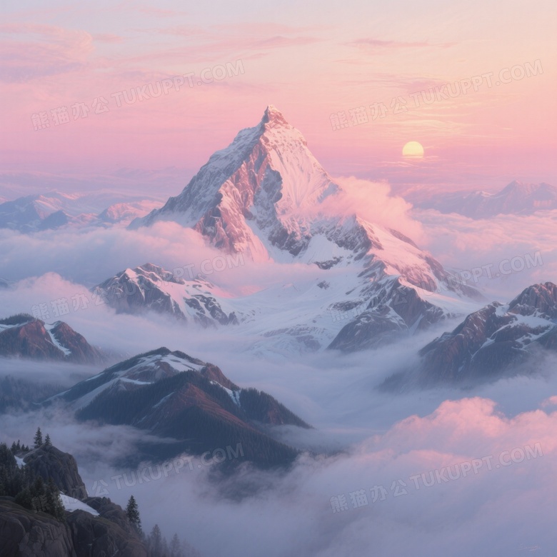 一座雪山山峰山巅在日出时笼罩着温暖的粉色光辉