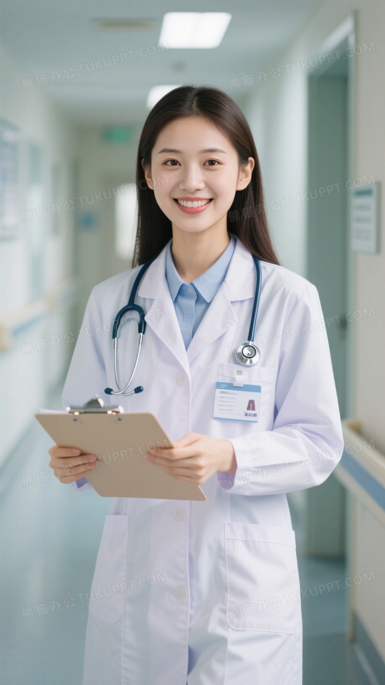 一个年轻女医生穿着工作服