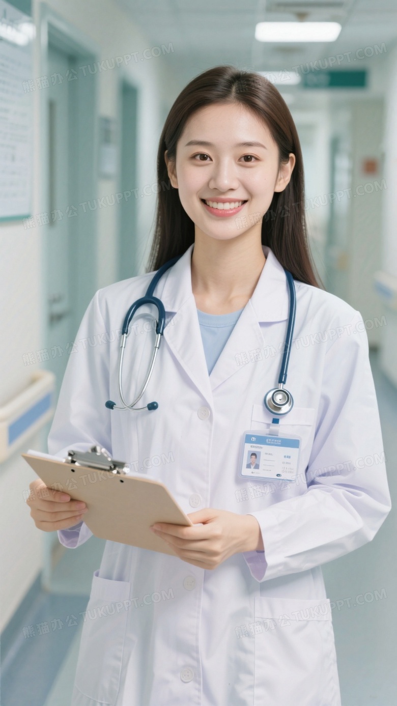 一个年轻女医生穿着工作服