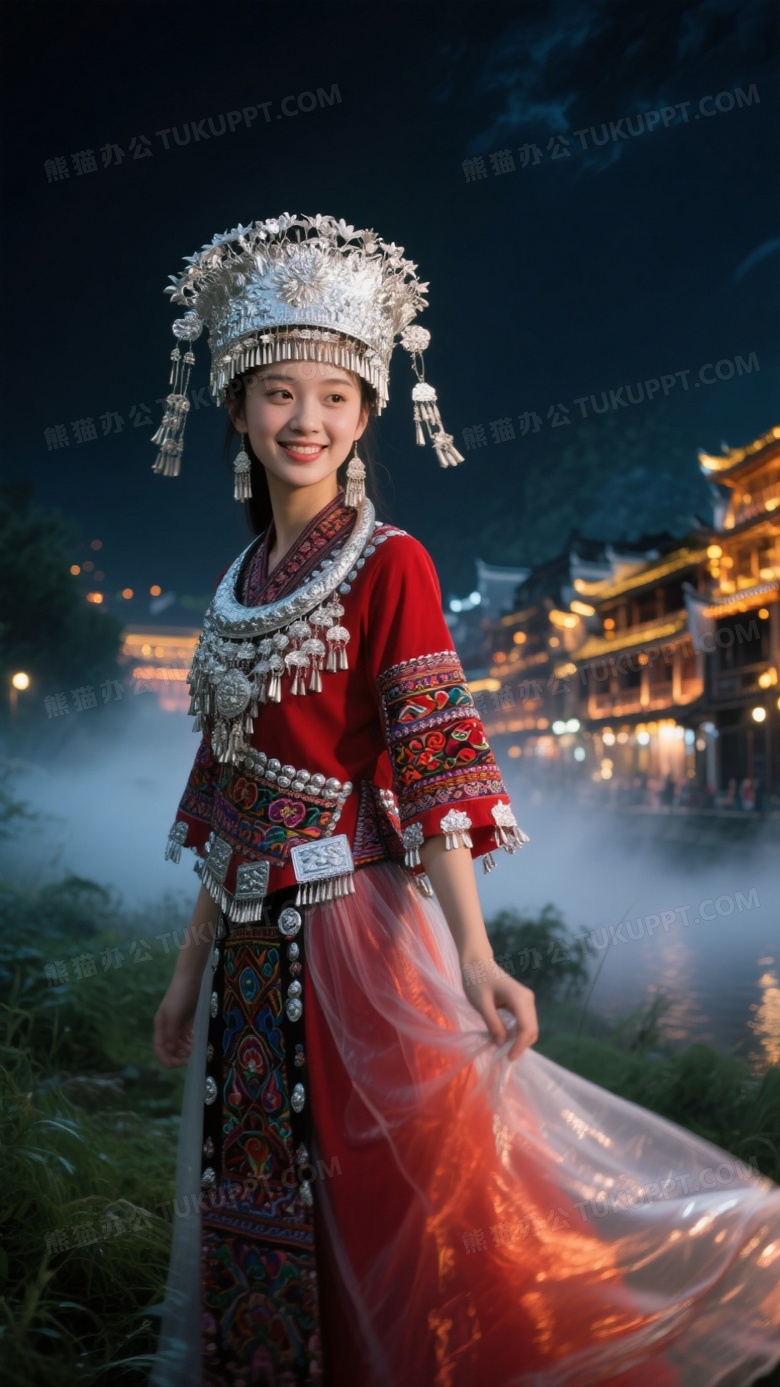 夜晚的野外一位美丽的苗族少女全身身像
