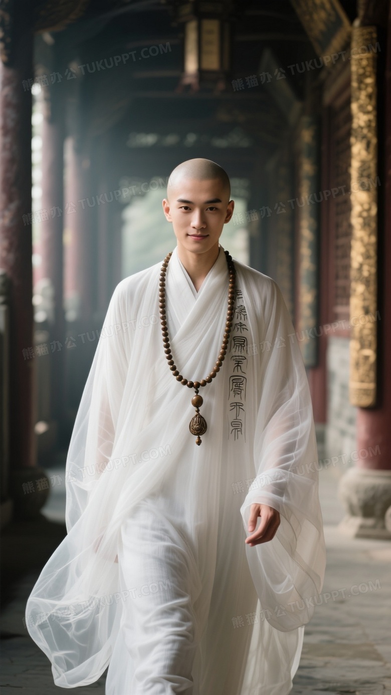 艺术人像摄影作品身穿白色纱衣的古风和尚