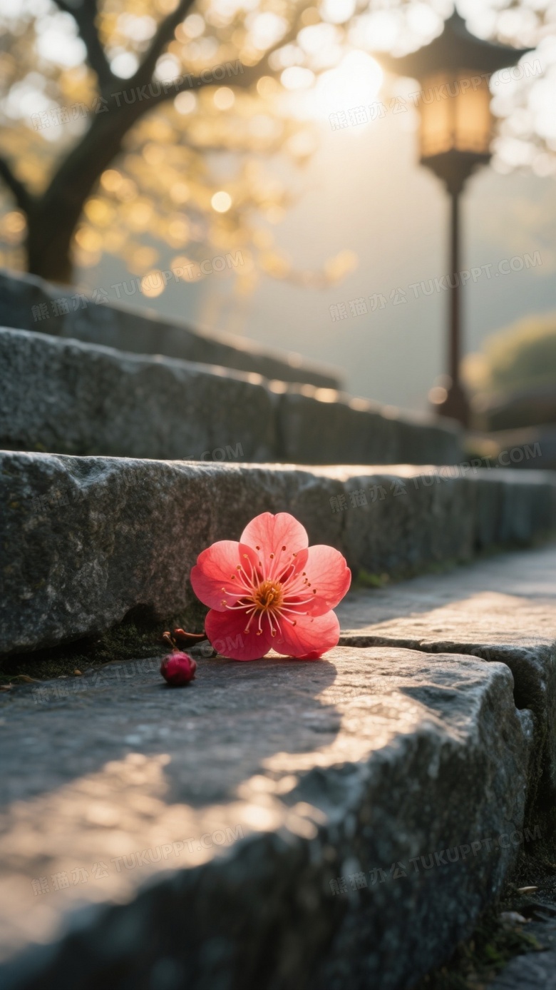 青石台阶的肌理质感散落的一朵红色的梅花高清近景
