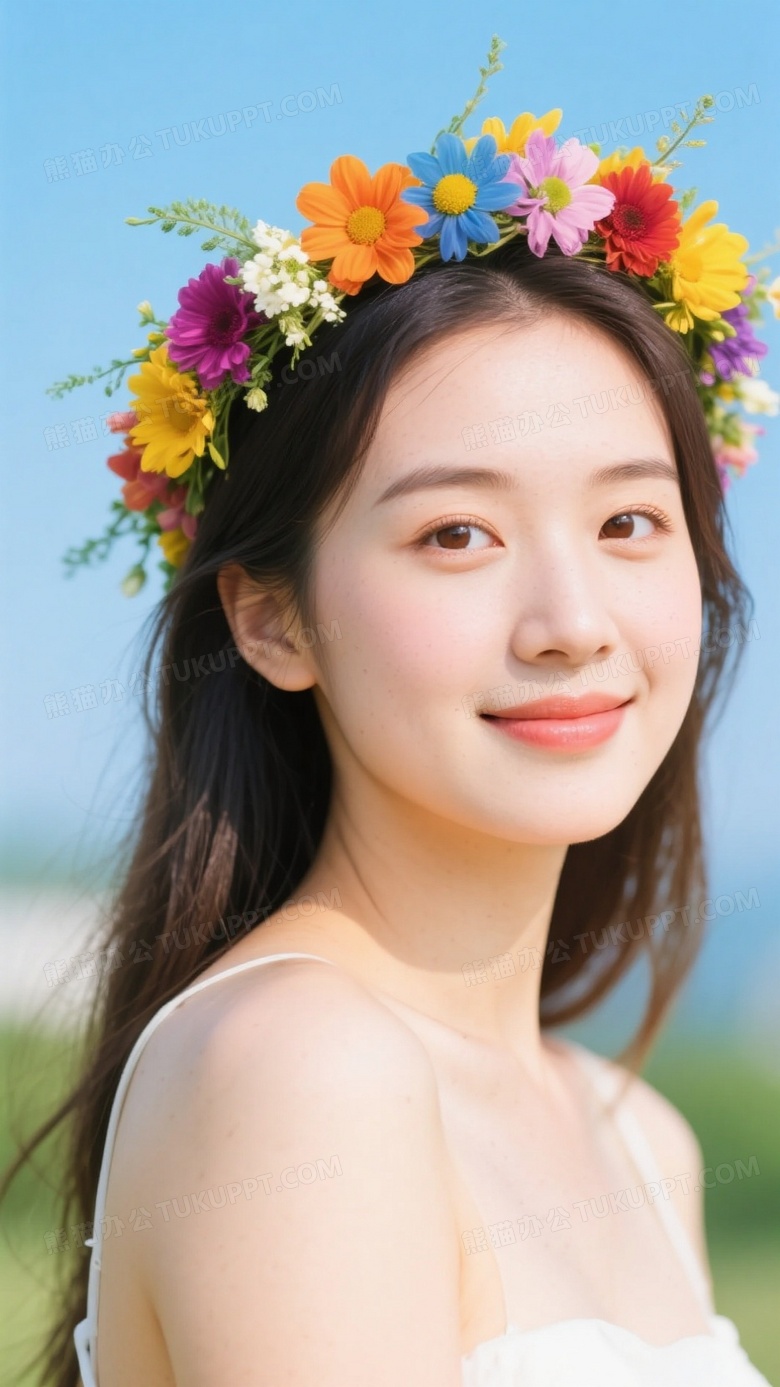 美女把夏天的颜色做成漂亮的花环戴在头上