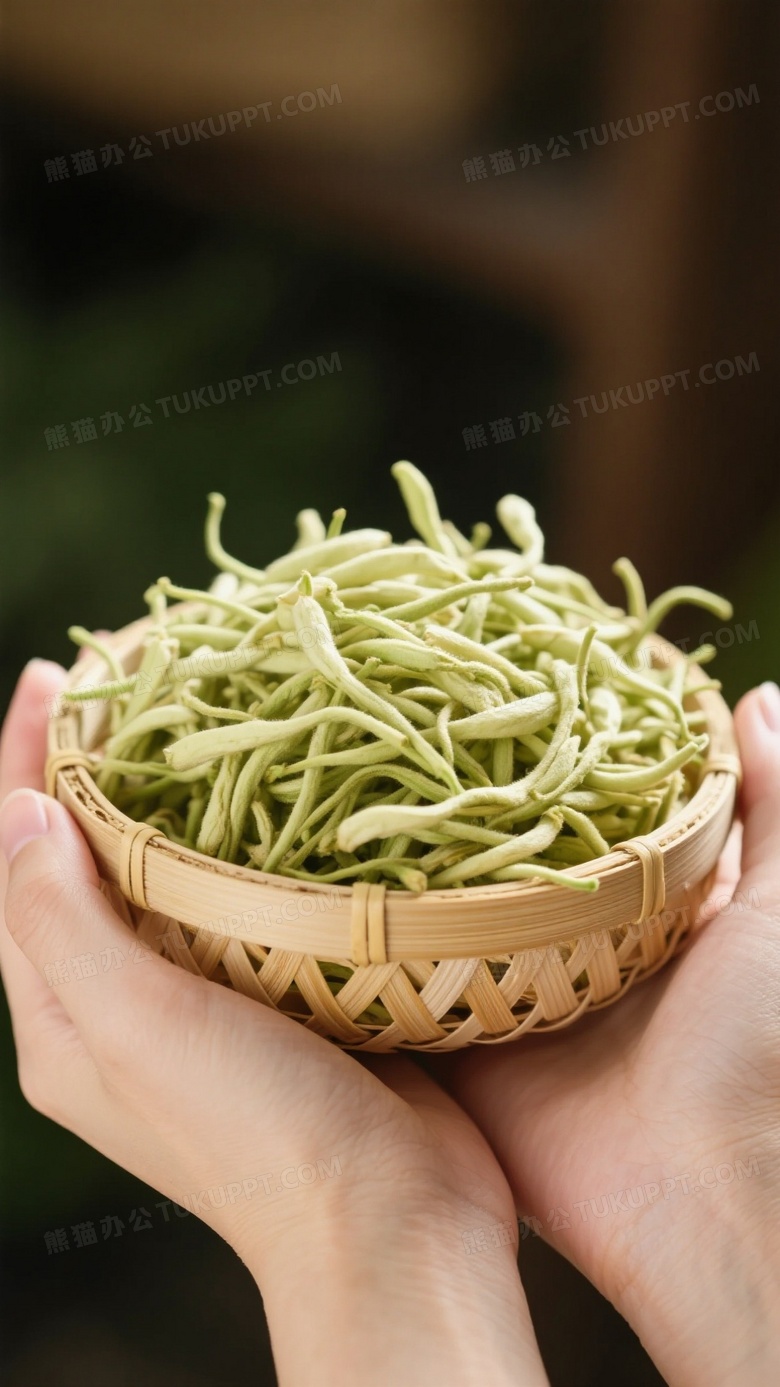 竹子编织的筐子里面放着满满的金银花