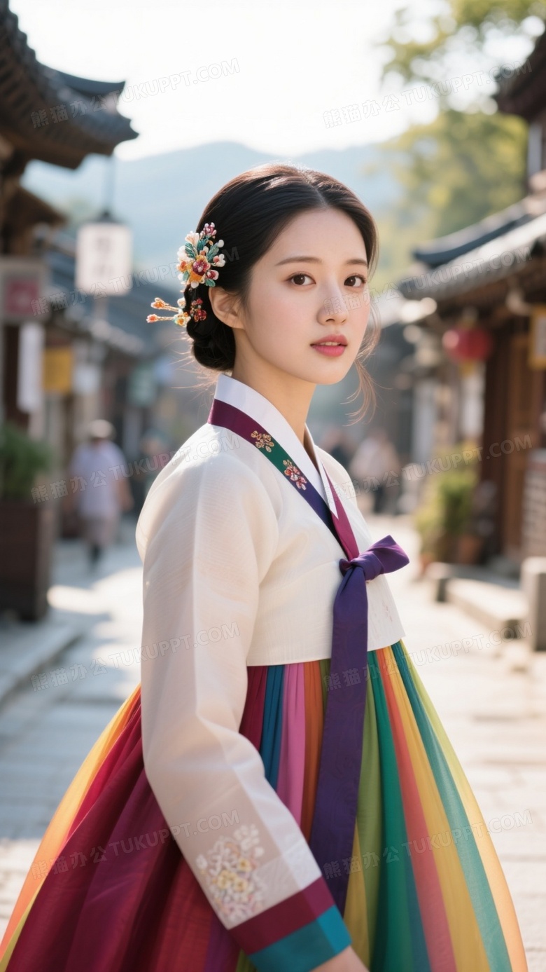 一位韩国美女身穿韩服长裙