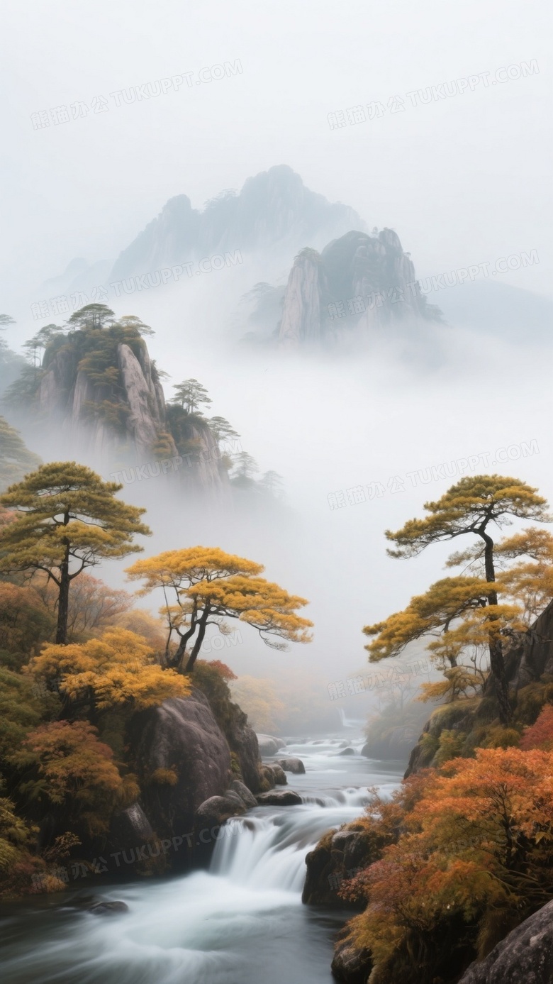 秋色晕染的黄山云雾缭绕
