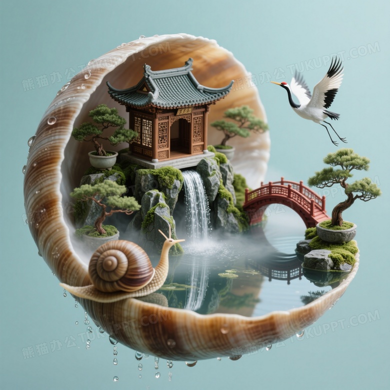 蜗牛壳内三维微缩东方庭院
