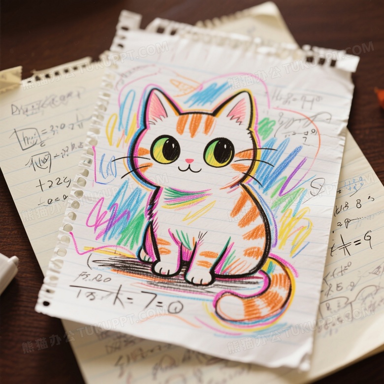 数学草稿纸潦草小猫彩铅线条涂鸦