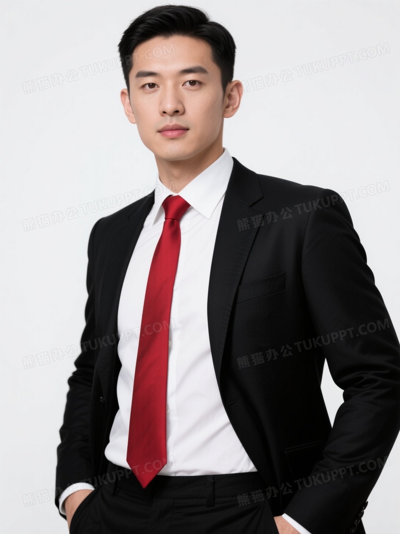 亚洲职业男性身着商务黑色西装