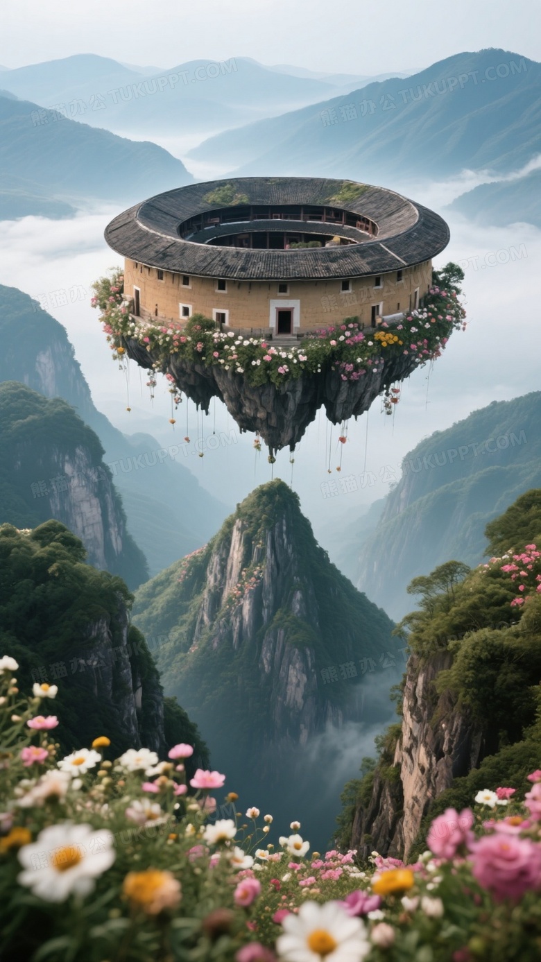 超现实主义摄影俯角画面中部为一座秀丽山峰