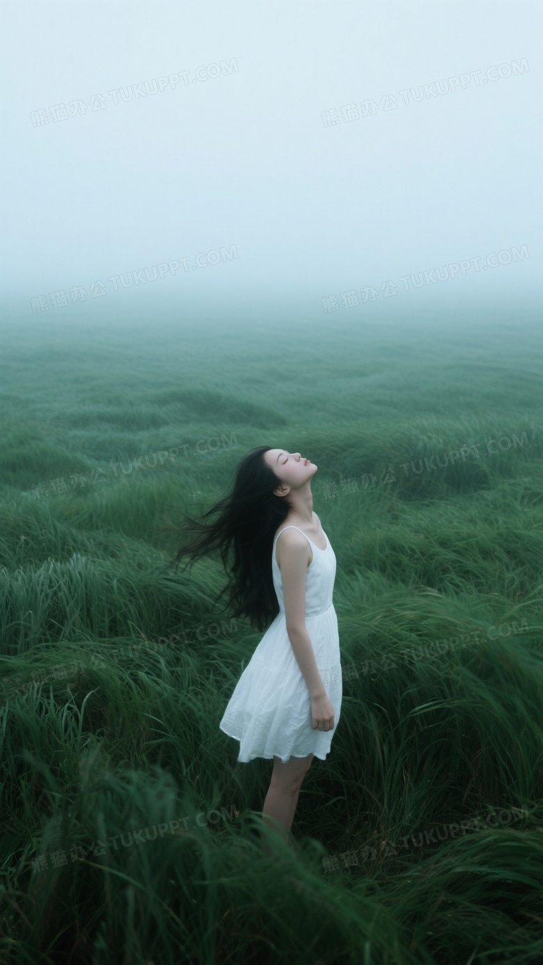 低饱和青绿色调广角俯拍风吹草浪