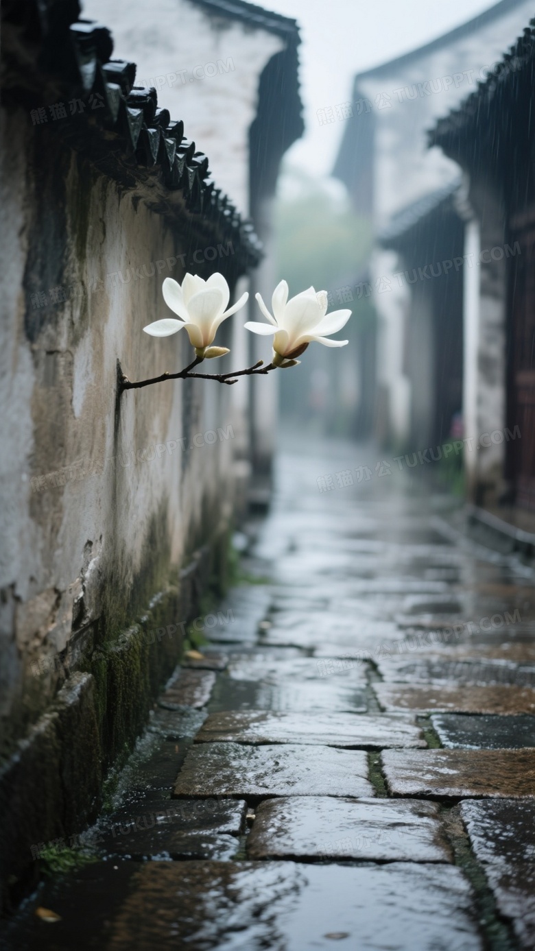 江南古巷石板地雨后一枝玉兰花从墙头探出