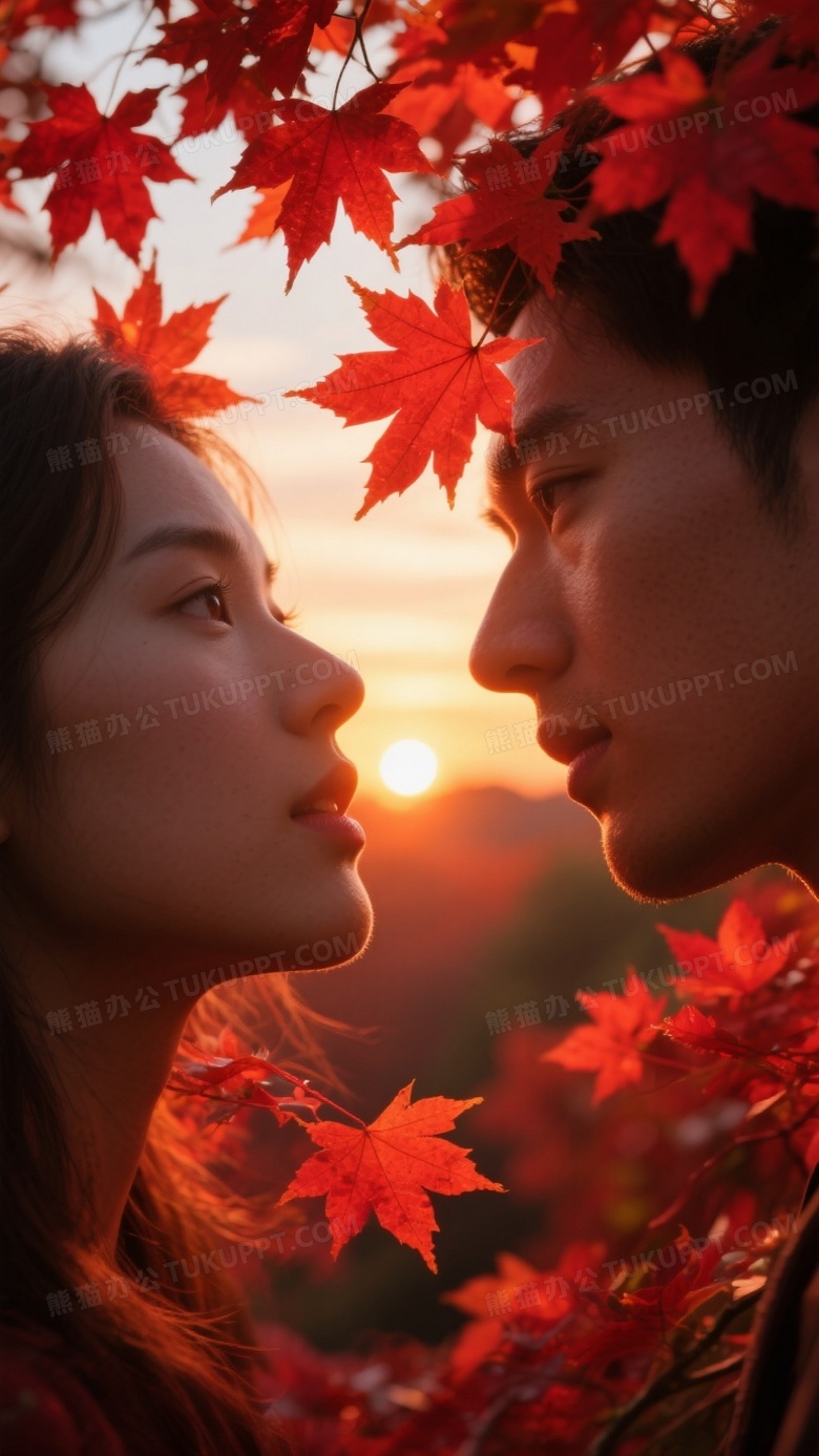 火红的枫树林天空最后一抹霞光穿过火红的枫叶落在他们脸上