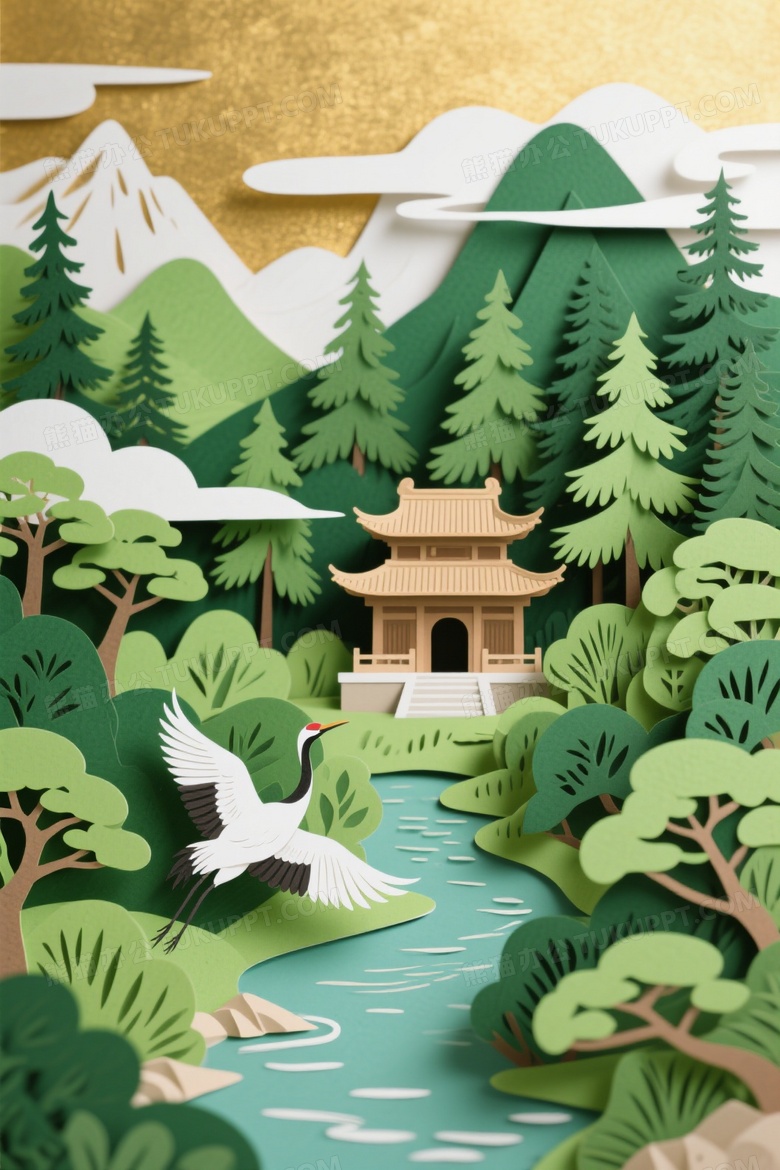 一幅精美的风景插画呈现仙鹤