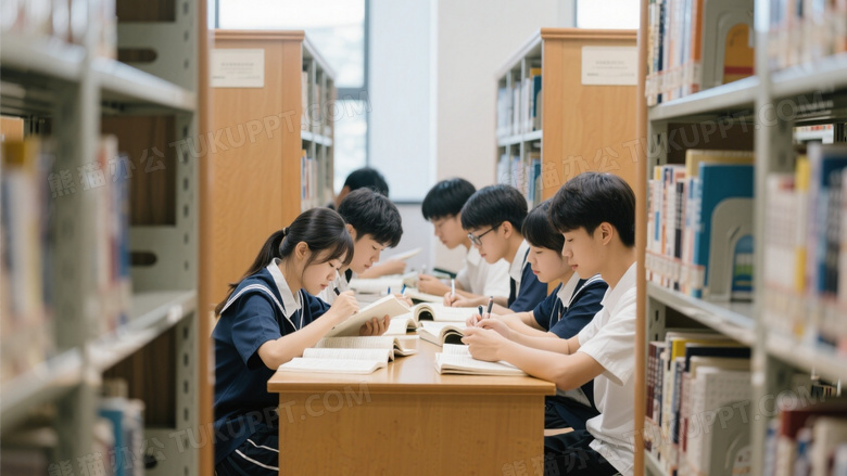 一群学生在读书馆学习的照片很有学习氛围