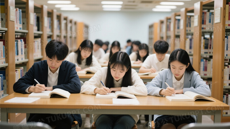 一群学生在读书馆学习的照片很有学习氛围