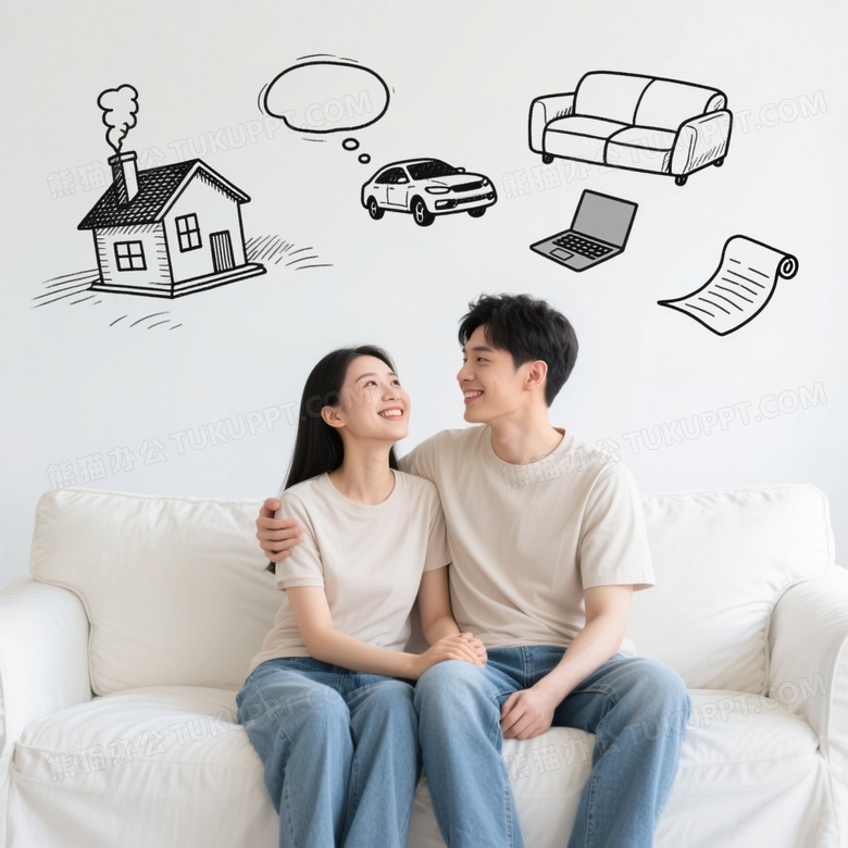 情侣沙发依偎温馨对视图片