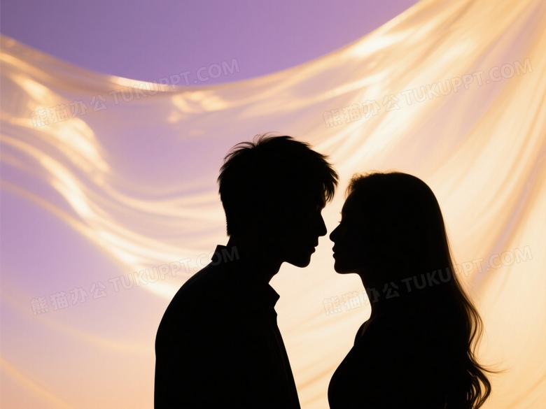 情侣剪影深情对视侧逆光图片