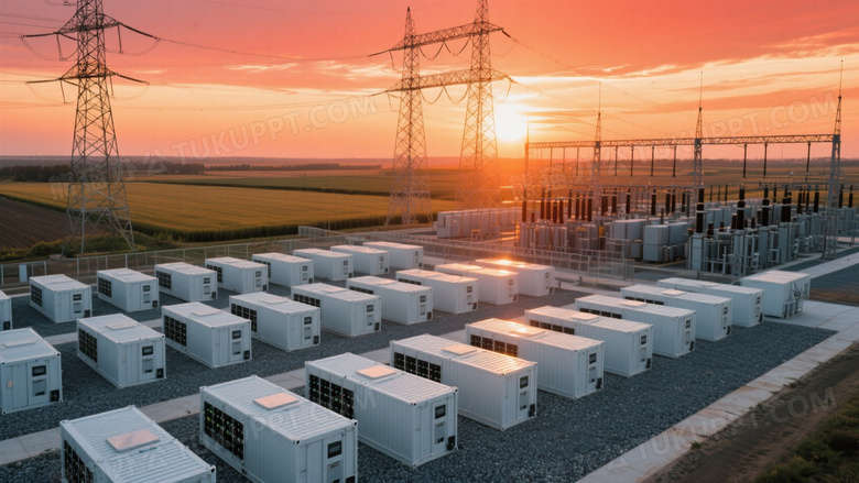 储能电站俯拍日落光影图片