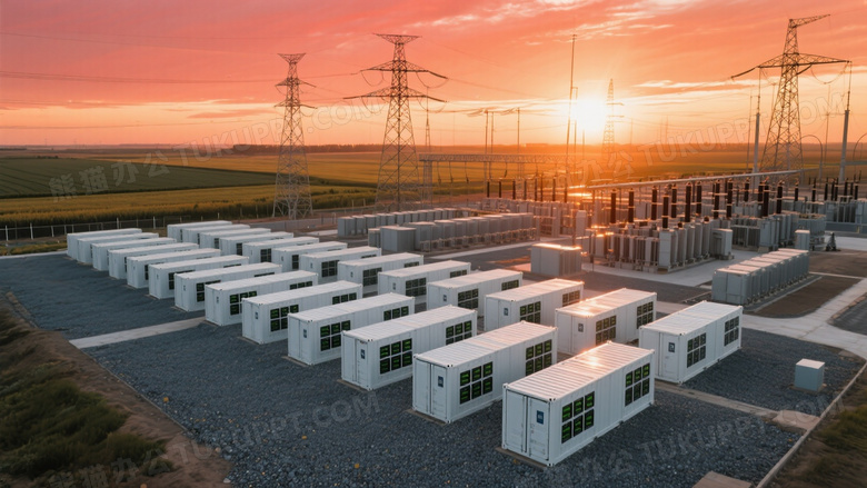 储能电站俯拍日落光影图片