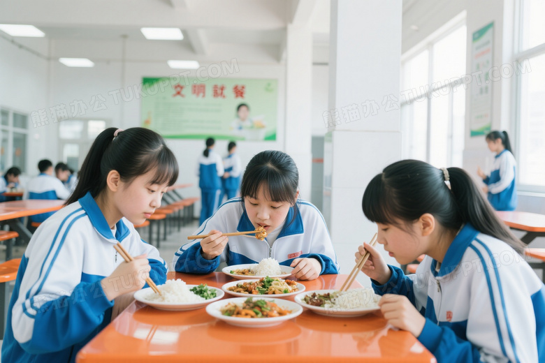 女学生食堂用餐特写图片