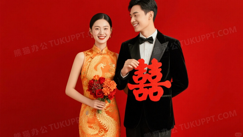 新郎新娘持喜字花束微笑图片