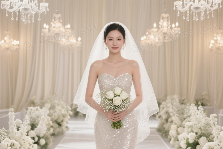 亚洲新娘婚礼通道持花柔光图片