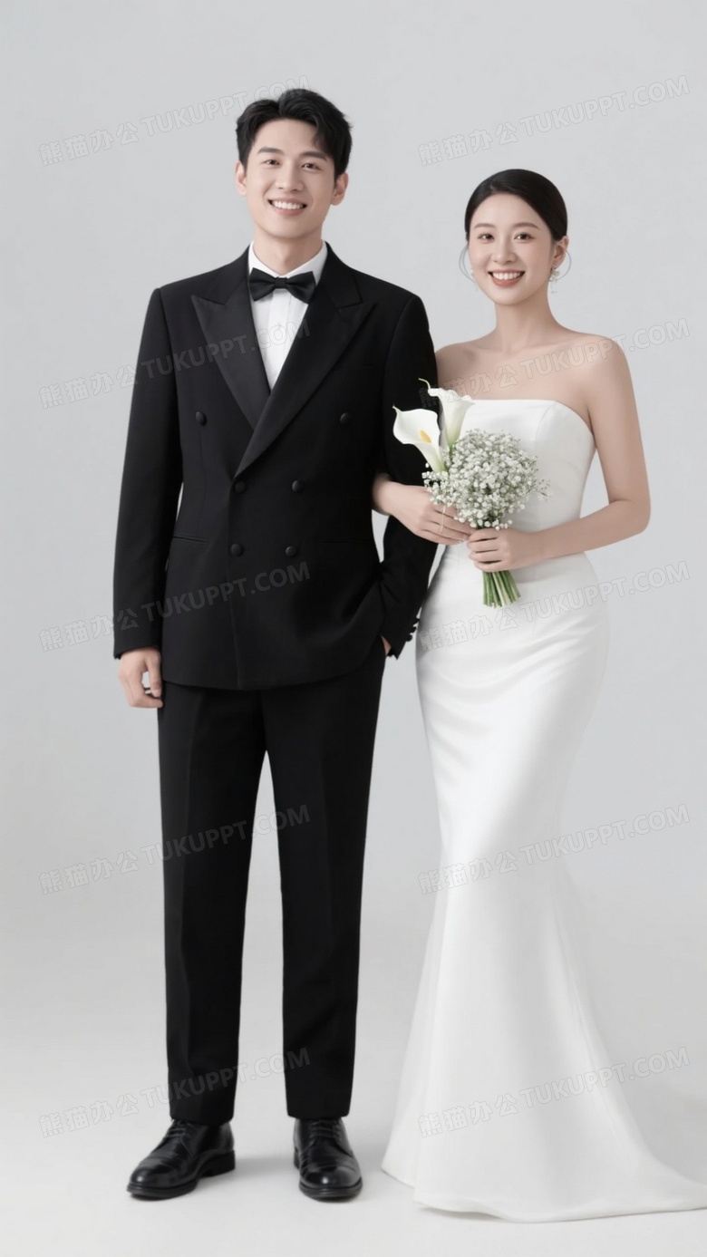 新郎新娘并肩微笑柔光图片