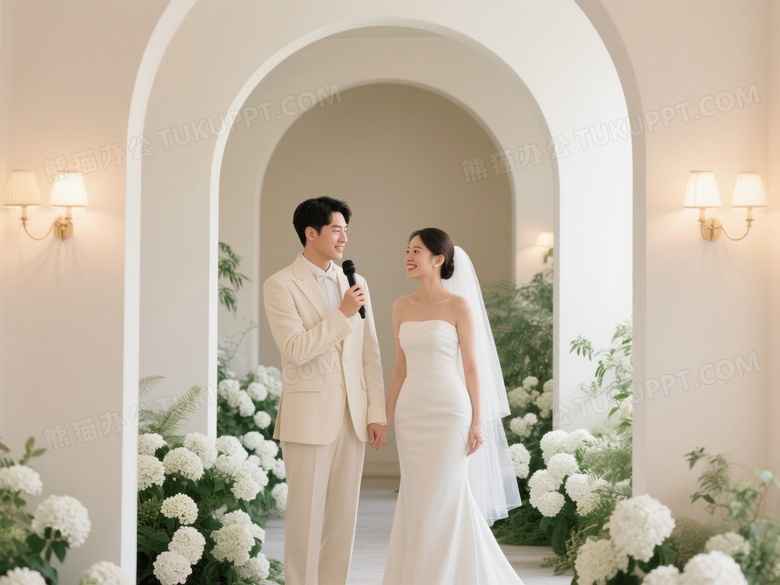 新郎新娘花廊下对视柔光图片