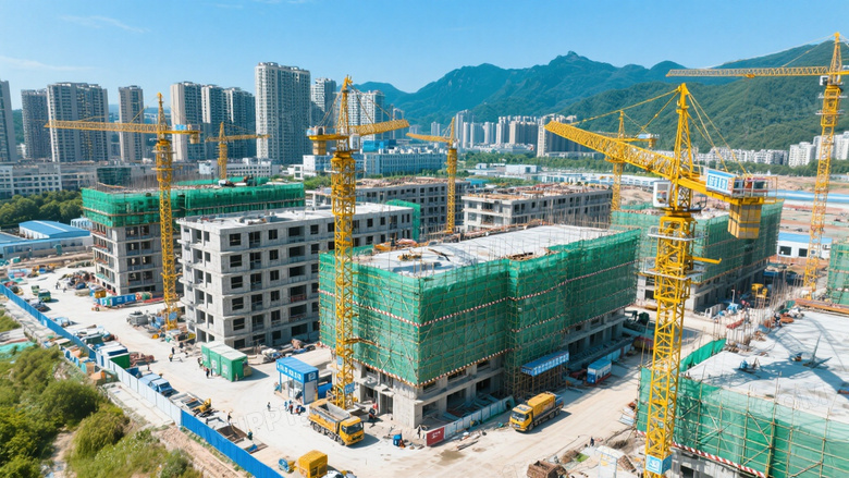 俯拍建筑工地塔吊林立图片