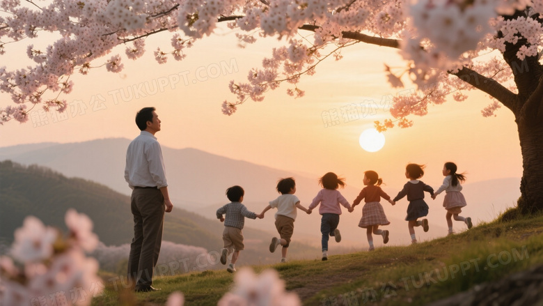 中年男子樱花树下凝望儿童奔跑逆光图片