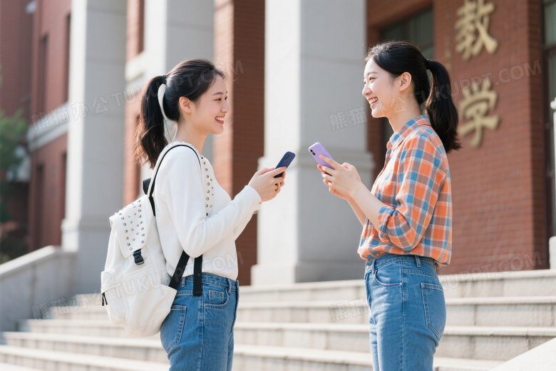 女大学生台阶前微笑交谈图片