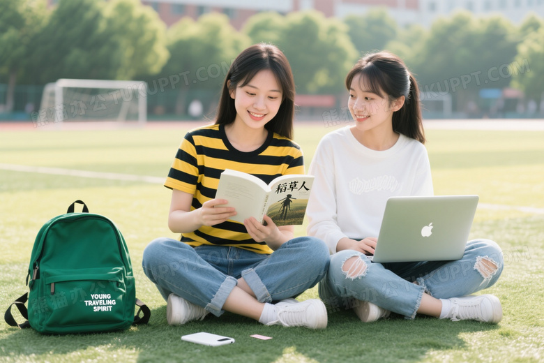 女大学生草坪读书用电脑图片