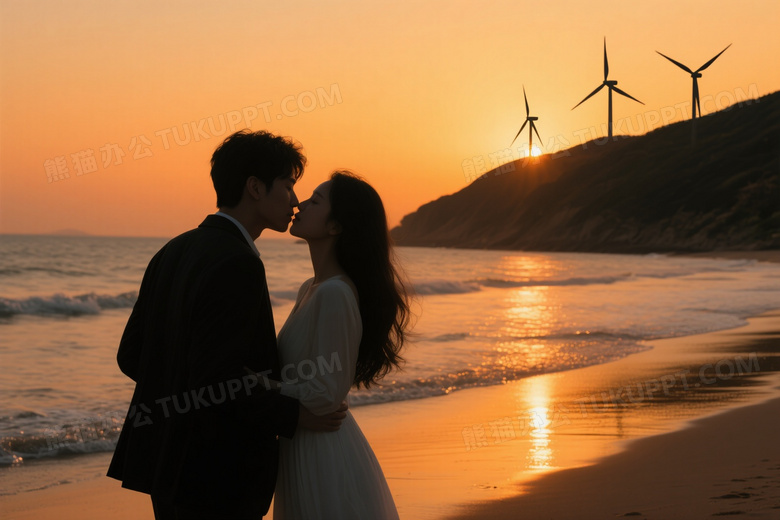 剪影情侣海滩相拥接吻侧逆光图片