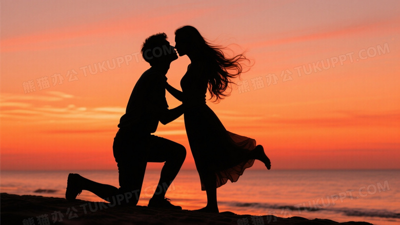 剪影情侣海边日落亲吻图片