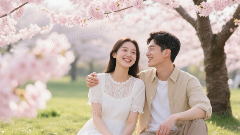 年轻男女樱花树下微笑合影图片