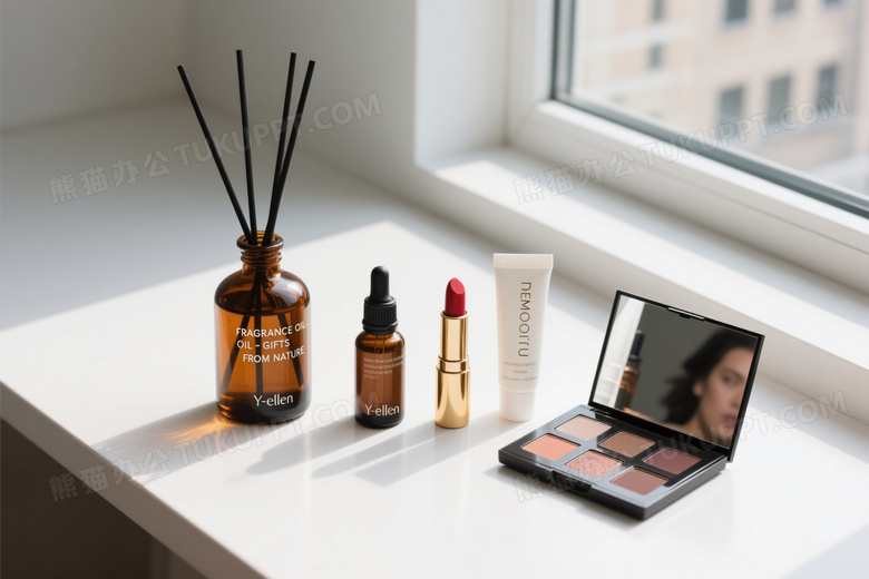 简约桌面香薰美妆俯拍图片