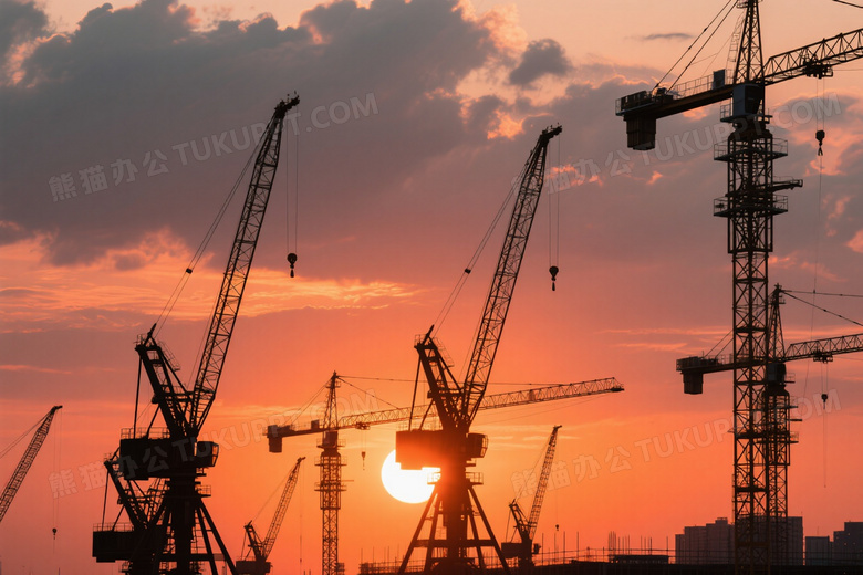 塔吊剪影工地夕阳逆光图片