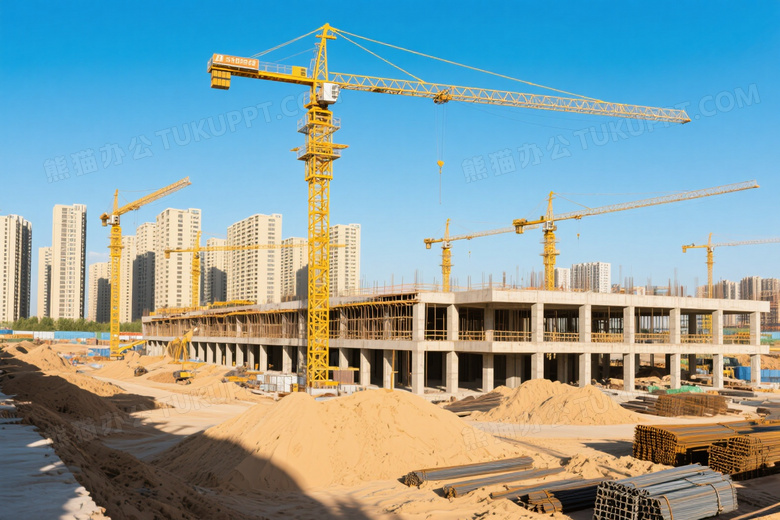 建筑工地塔吊作业全景图片